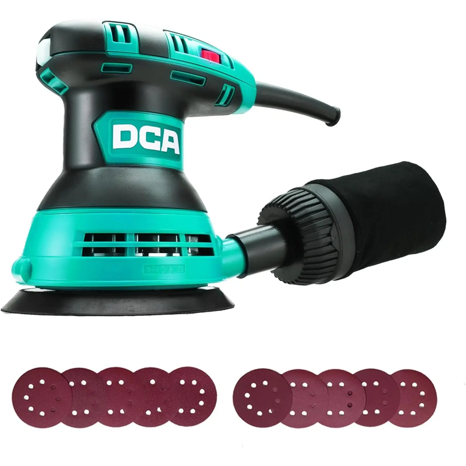DCA Orbital Sander, 3.0 AMP Corded Palm Sander, 6 Speeds Max 12,000 OPM,  with 10 pcs Sandpapers, Dust Bag, Low Vibration for Woodworking, Decoration Furniture (ASA125)