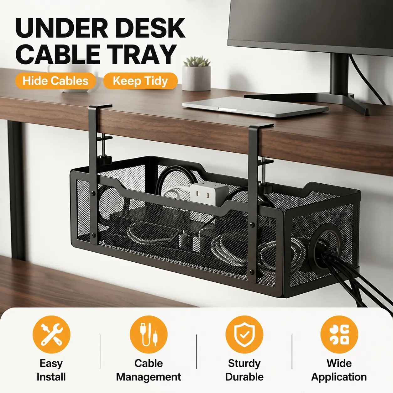 Under Desk Cable Tray: Keep Wires Hidden & Desk Pristine - Easy Clamp Mount, Zero Damage!