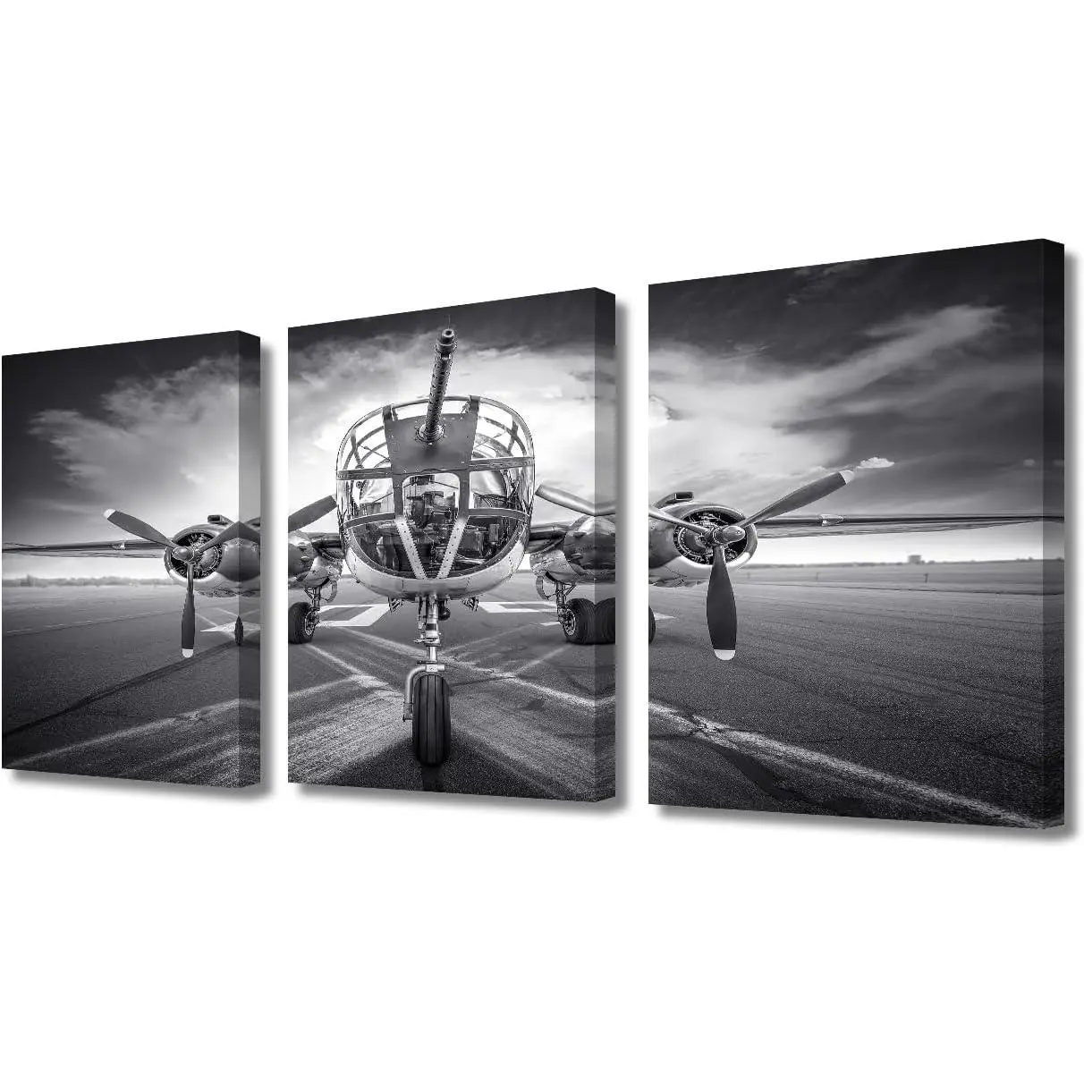 3 Pieces Historical Bomber Wall Art for Living Room Black and White Canvas Wall Art Aircraft Pictures Posters Modern Wall Decor Art for Bedroom Office Paintings Giclee Framed Ready to Hang, 42"Wx20"H