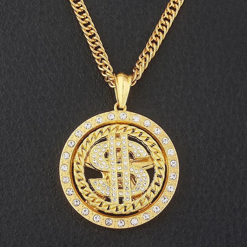 Big Rotatable US Dollar Money Sign Pendant Necklace Rapper Hip Hop Punk Long Chain Women's Statement Gift Jewelry
