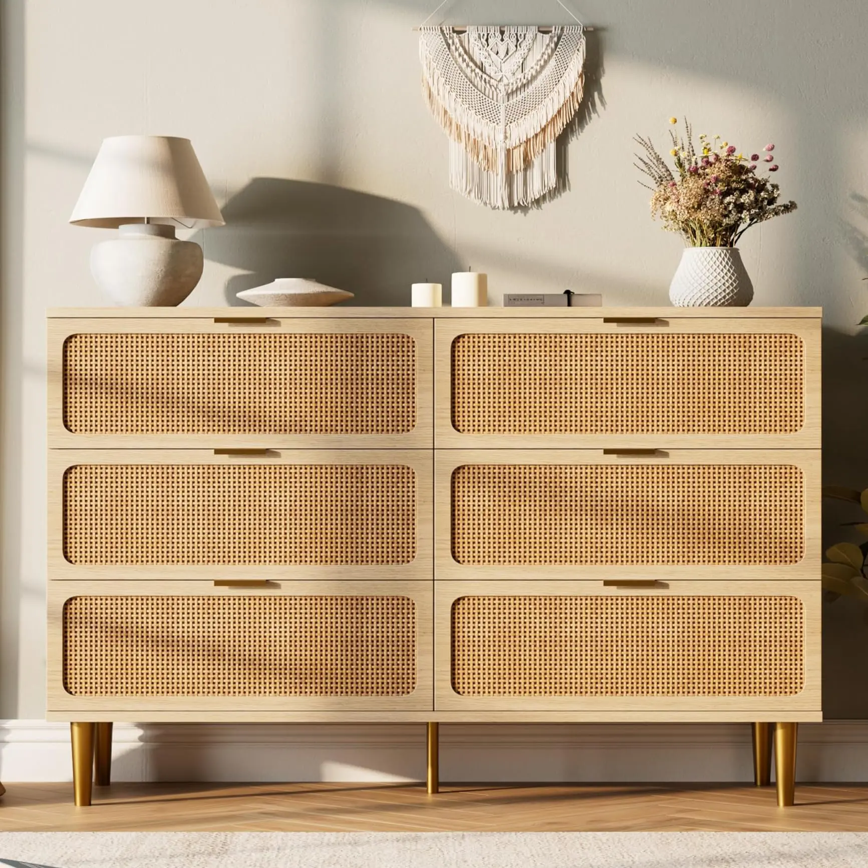 GARVEERattan 6 Drawer Dresser for Bedroom - Large Wooden Double Dresser with Deep Drawers, Wide Top Surface, Ideal for Closet, Living Room, Hallway, and Kids Room in Natural Finish
