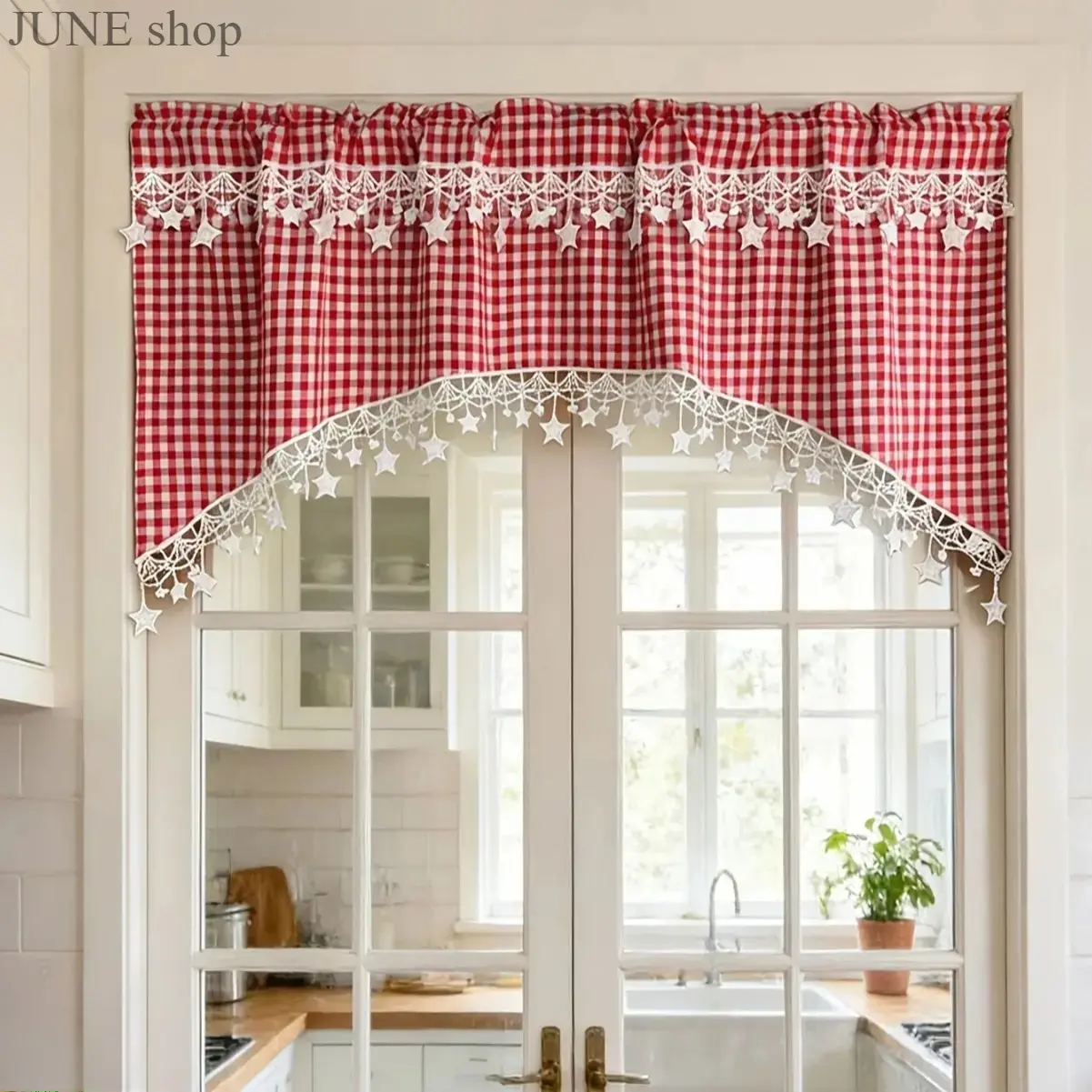 Rustic Gingham Swag Valance with Star Lace Trim, Semi-Sheer Linen Rod Pocket Curtain, Farmhouse Kitchen Cottage Core Decor, Window Drapes tiktokshopbacktoschool