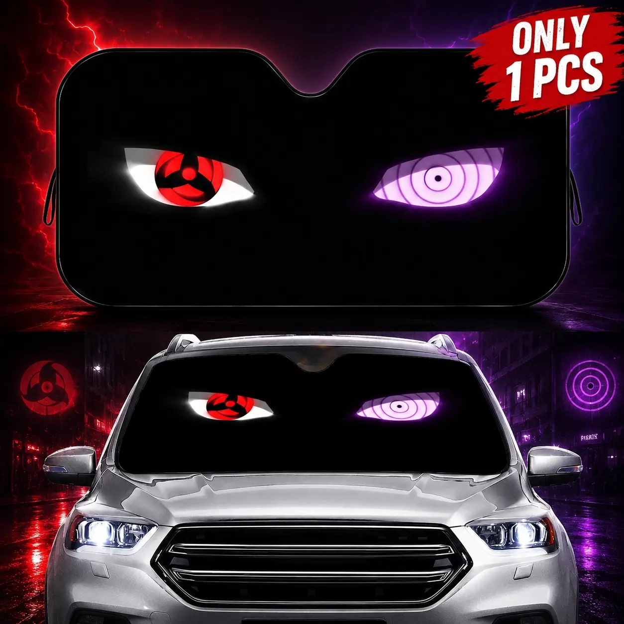 Anime Eyes Car Windshield Sun Shade, Cool Red Purple Eye Design UV Protection Reflective Visor Cover, Heat Insulation Dashboard Protector, Foldable Universal Fit SUV Truck