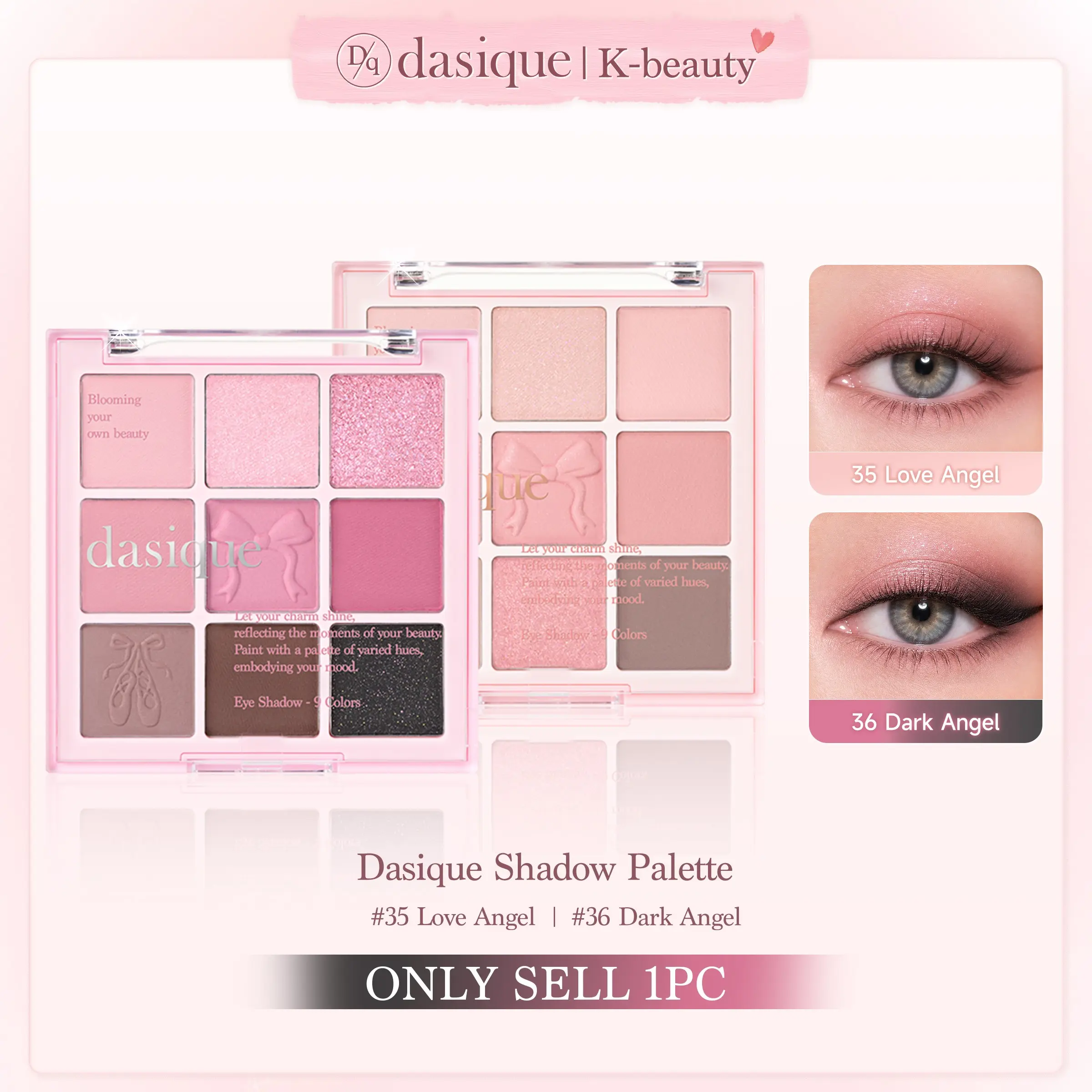 1Pc DASIQUE Ballet Angel Eyeshadow Palette｜Love Angel Sweet / Temptation Angel Smoky Available｜Ballet Slipper Embossed Design｜Matte & Shimmer Finishes｜Balletcore Pink To Dark Ballerina｜Eyemaxxing Brightens Your Eyes｜Day Or Night Versatile