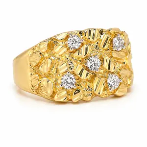 Chunky Gold Nugget Ring for Women and Men, Textured Wide Band with Clear Rhinestone Accents