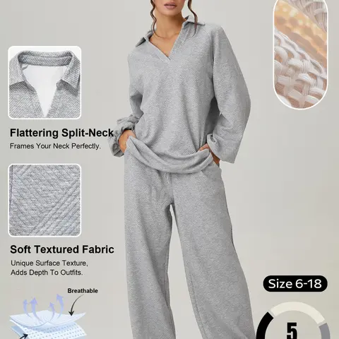 Women's Loose-Fit V-Neck Long Sleeve Top & Adjustable Drawstring Waist Pants Set, Casual Fashion Clothes, Cozy Outfit Set for Spring & Fall, Womenswear