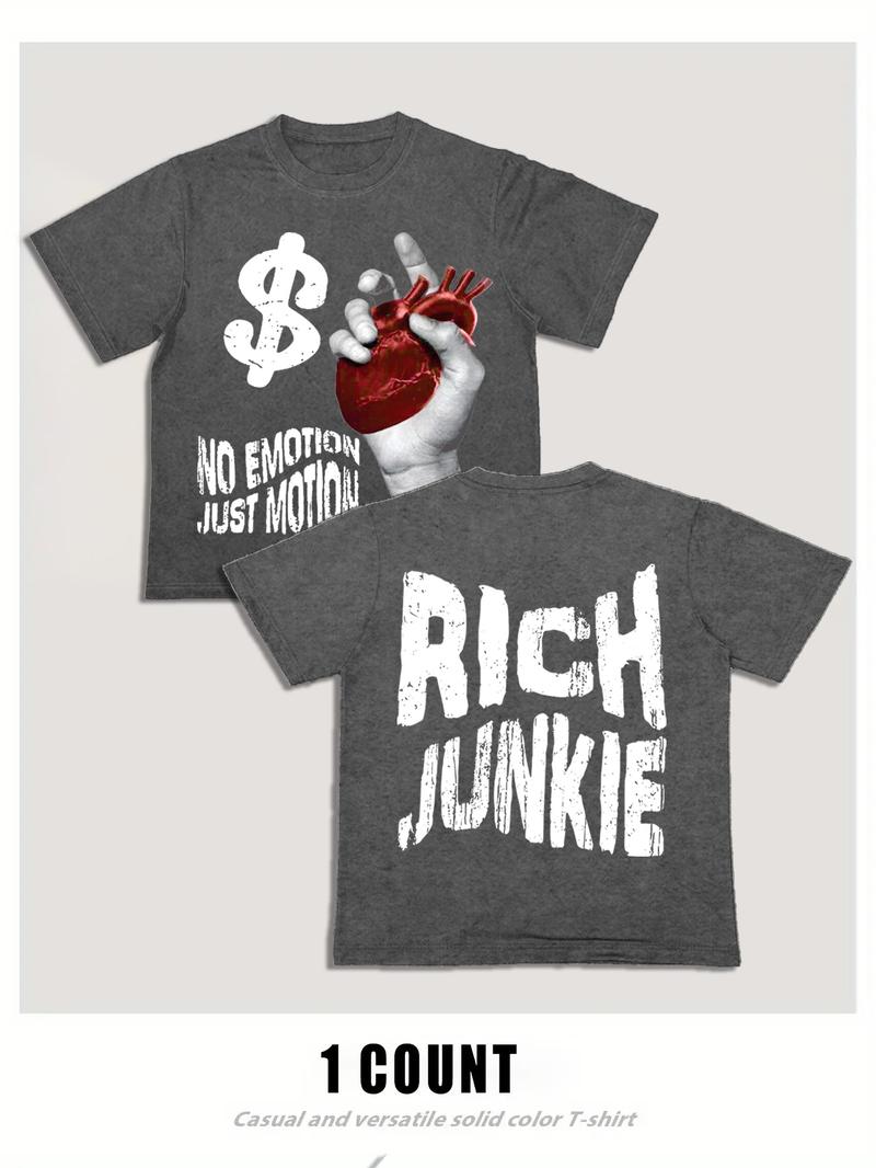 Men's Cartoon Hand & Rich Junkie Print Round Neck Tee, Loose Casual Fashion Short Sleeve T-shirt for Summer, Men's Top for Daily Wear, Tropical, Casual Streetwear