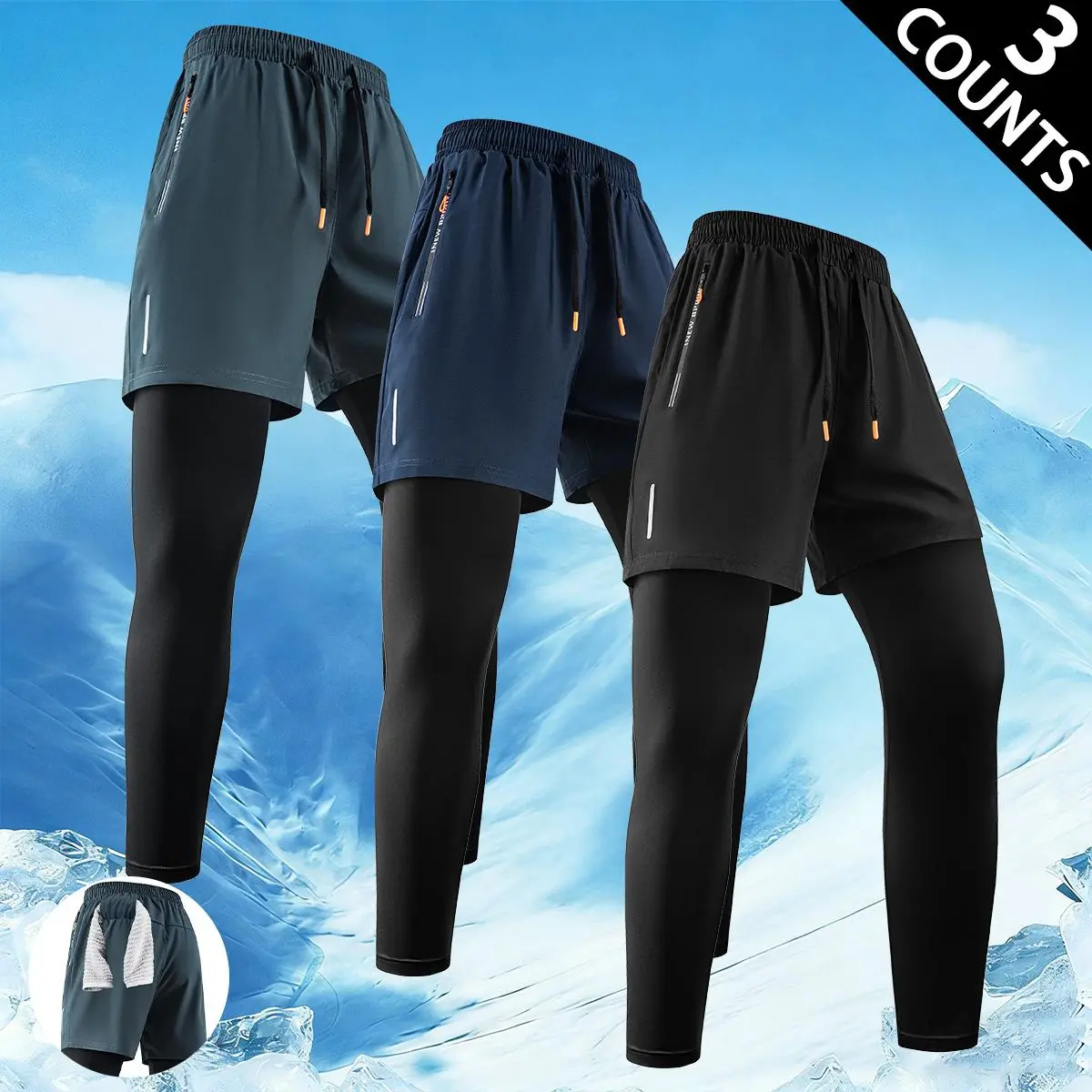 Men's multi-piece set 2-in-1 running pants, quick-dry and breathable imitation two-piece training pants with zippered side pockets, reflective strip design, elastic waistband with compression lining, outdoor training, and daily casual wear