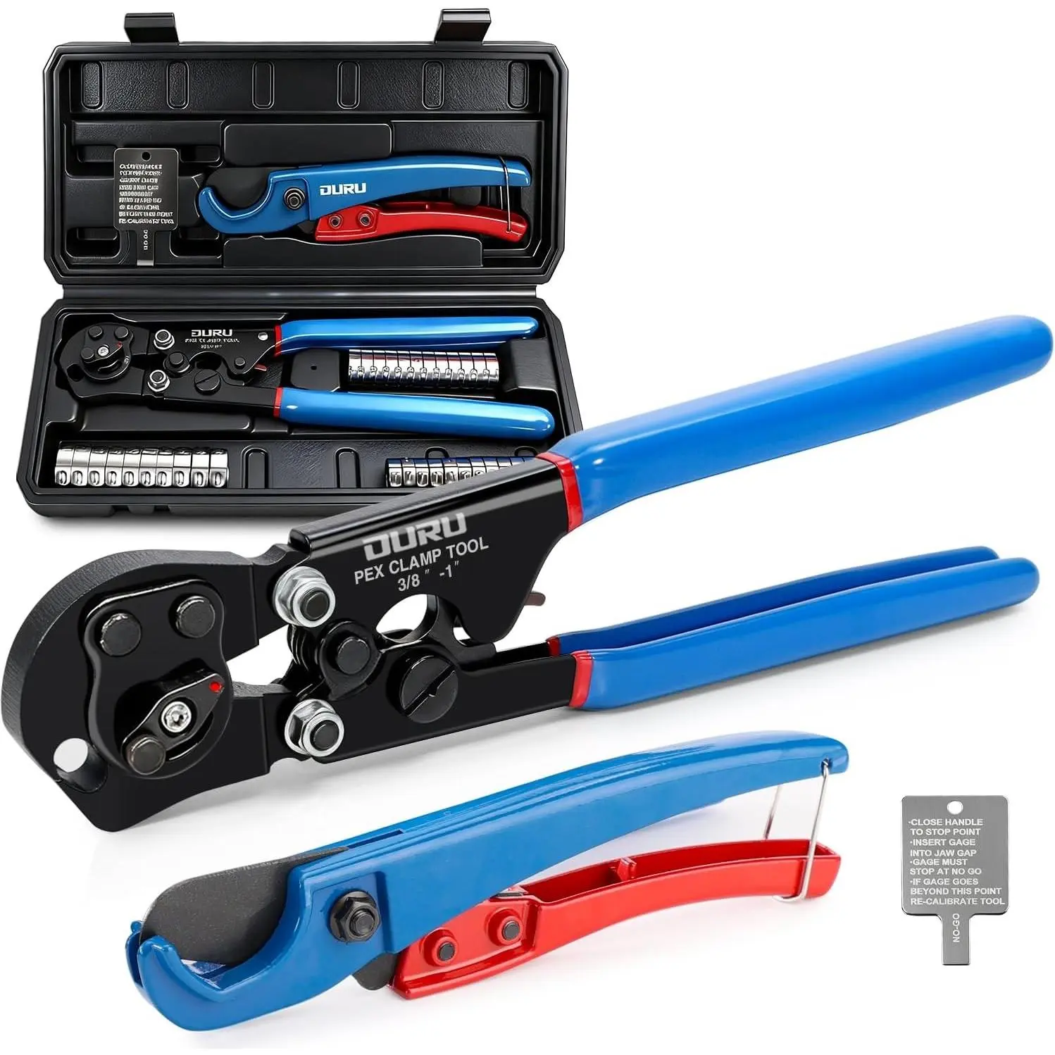 2 IN 1 Ratchet Pex Crimping Tool Cinch and Remove Combo Function Pex Pipe Crimp Tool from 3/8" to 1" Pex Crimper with Pex Cutter and Stainless Steel Pex Clamps 1/2" 25PCS, 3/4" 10PCS in Plastic Box