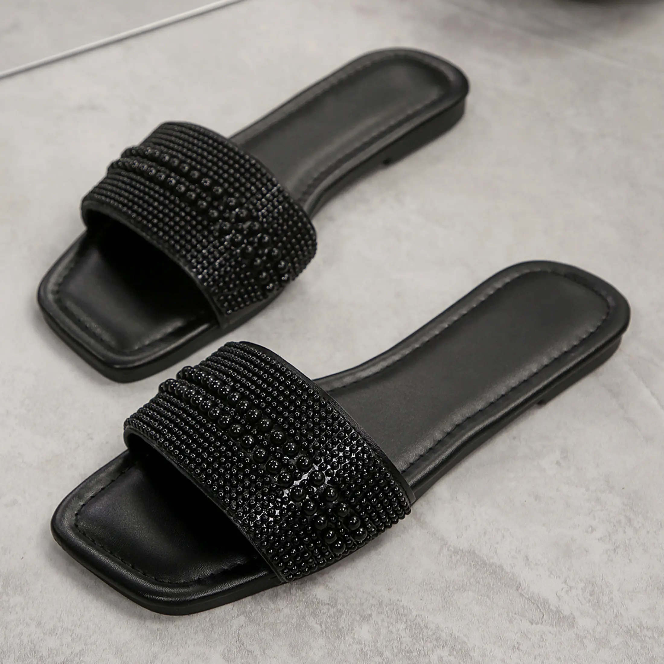Women's Pearl Strap Slide Sandals Square Toe Flat Casual Summer Beach Vacation Travel Slippers