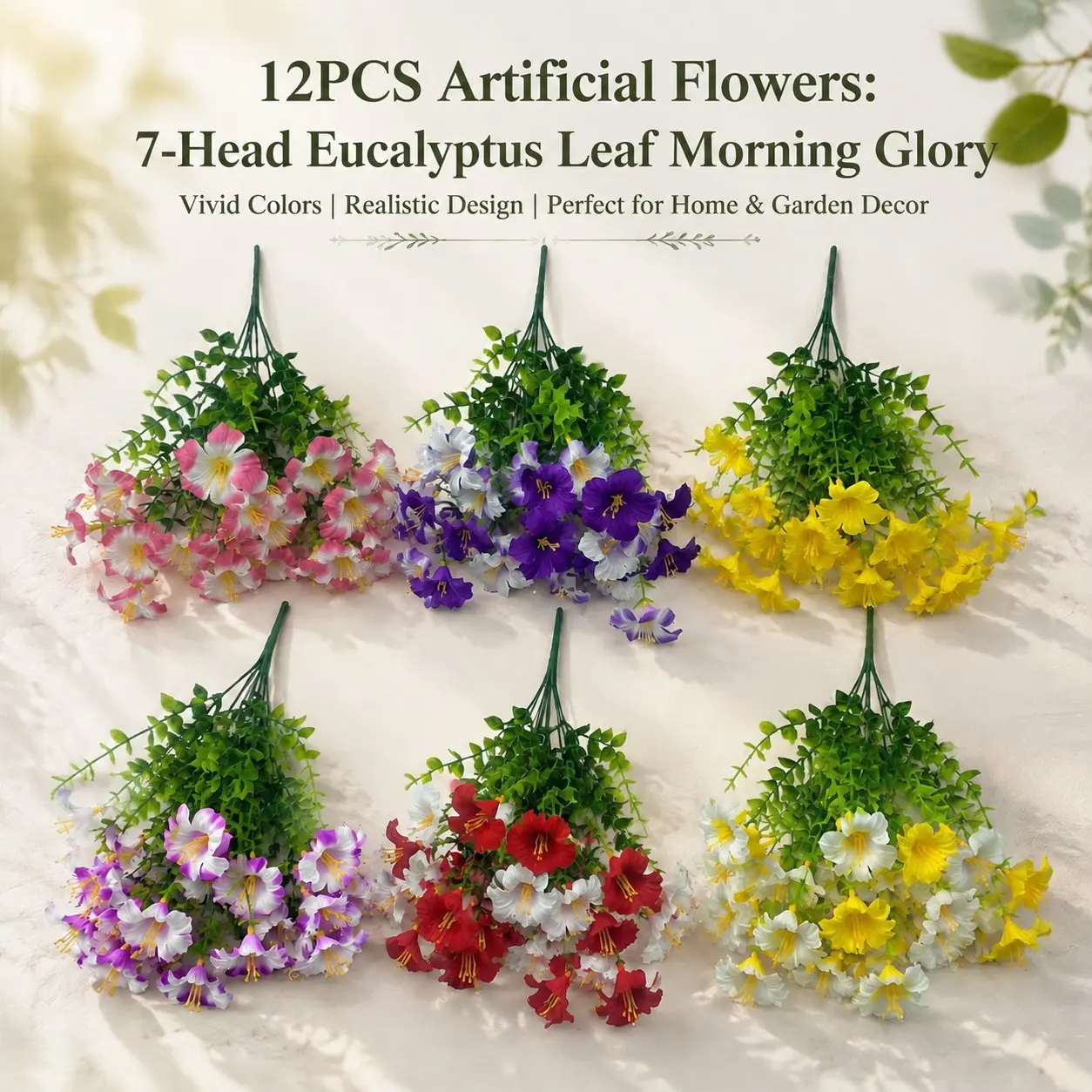 12pcs Artificial Flowers Set, 7-Head Faux Eucalyptus Morning Glory Bouquet, Realistic Silk Flower Arrangement for Home, Garden, Outdoor & Event Decoration