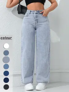 Spring Summer New Women's Pants Light Blue High Waist Elastic Denim Jeans Casual Vacation Daily Versatile Wide Leg Pants