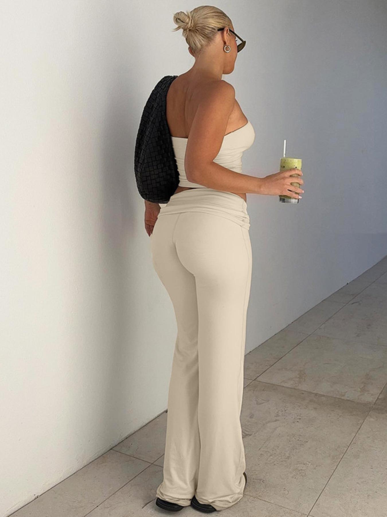 Ocean Style 2026    Two-Piece Set Women's Solid Crop Tube Top & Foldover Waist Flare Leg Pants, Casual Fashion Cozy Outfits for Daily Outdoor Wear, Ladies Clothes for Summer