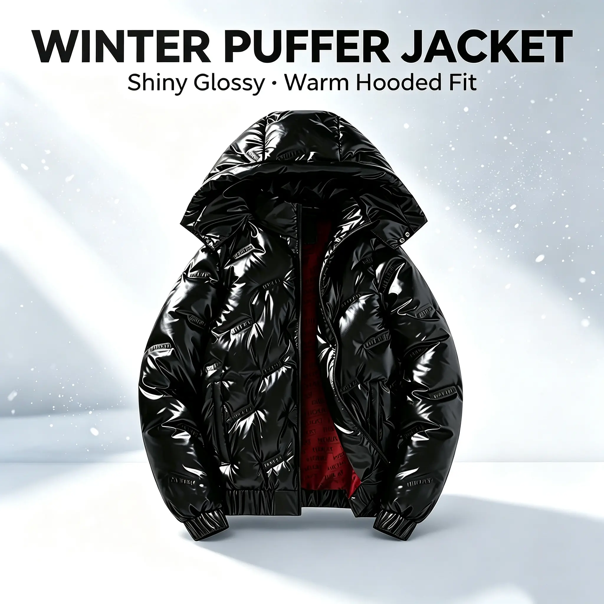 Men's Shiny Hooded Puffer Jacket, Glossy Winter Bubble Coat with Red Lining