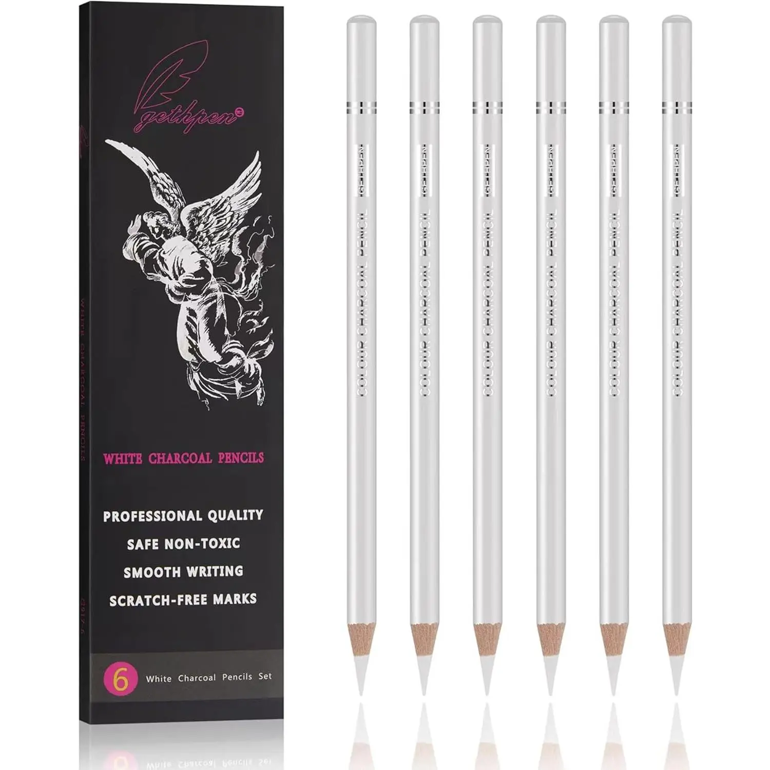 White Charcoal Pencils Set, High-light Sketch Chalk Pencil,6 Pieces | White Charcoal and High-light Sketch Pencils,Drawing, Sketching, Shading, Blending, White Chalk Pencils, Beginners & Artists