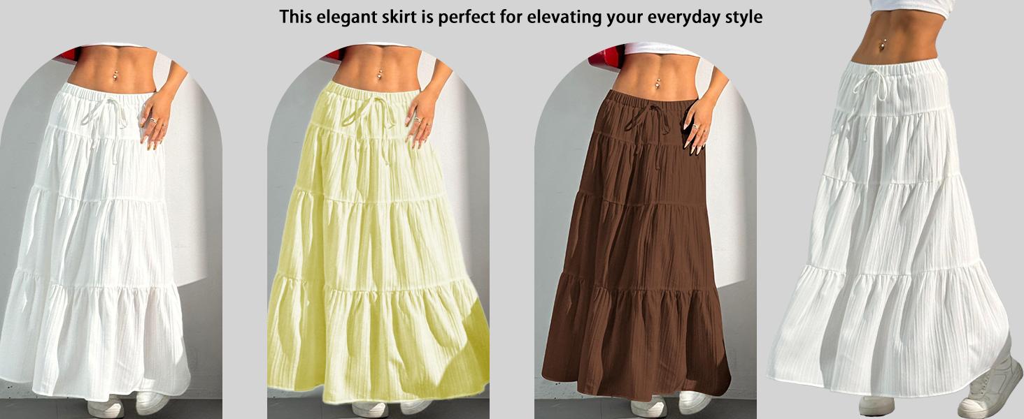Women's Bohemian-style flowing white long skirt, with pleated elastic waist, A-line summer dress, 2026 spring long skirt