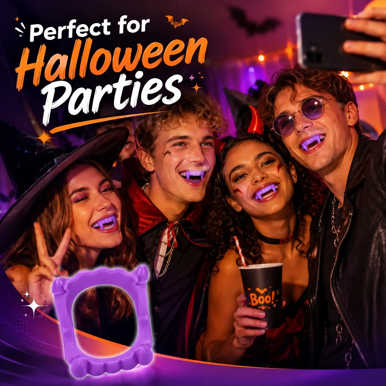 4pcs Halloween Vampire Fangs – Fake Dracula Teeth, Costume Dentures, Monster Fang Props, Cosplay Tooth Caps, Party Dress-Up Teeth and Halloween Costume Accessories.