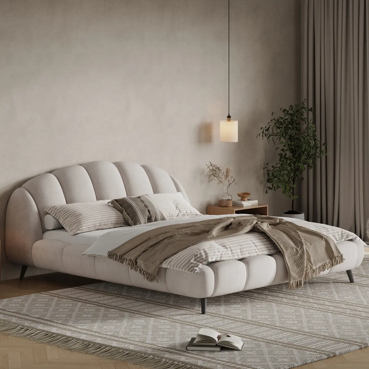 Aobtkel King Size Chenille Upholstered Platform Bed Frame - Curved Headboard, Shell-Shaped Curved Footboard, Thick Padded Design, Solid Rubberwood, Wooden Slats, 800 LBS Support, Noise-Free, No Box Spring Needed, Beige Bed Frames
