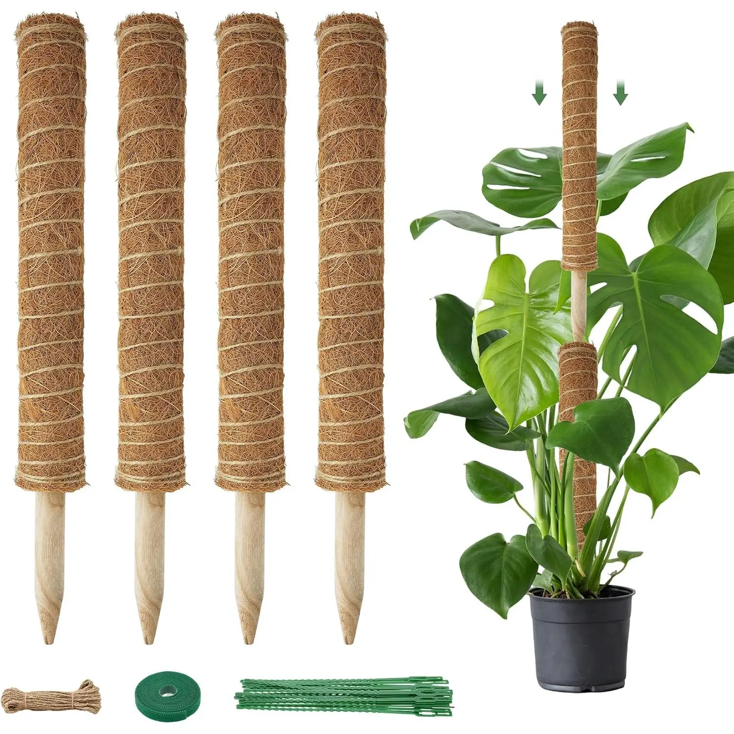 Moss Pole for  Indoor - 4 Pack  Supports for Climbing  to Grow Upright - 16 inch Stackable Moss Sticks Coir Totem Pole  Support for Monstera Pothos Philodendrons Potted