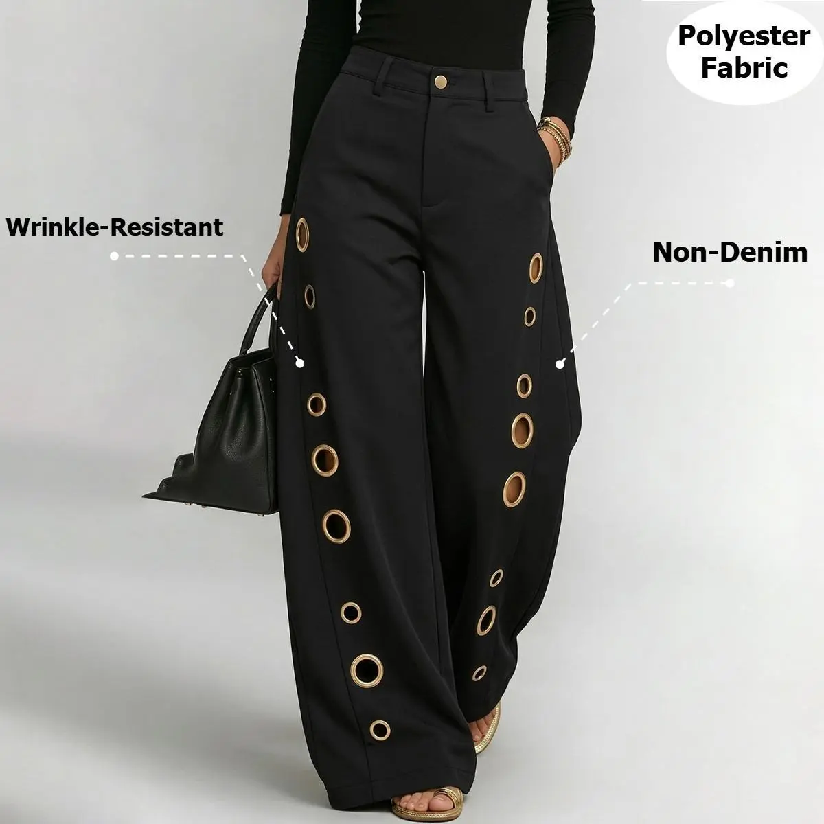 Women's 2026 New High-Waist Gold Grommet Eyelet Wide-Leg Non-Denim Pants with Pockets, Button, Strappy Accents, Comfortable Polyester-Spandex-Silk Satin Fabric, Minimalist Street Style Suit Bottoms for Summer Workwear, Party (Size Up for Curvy Hips)