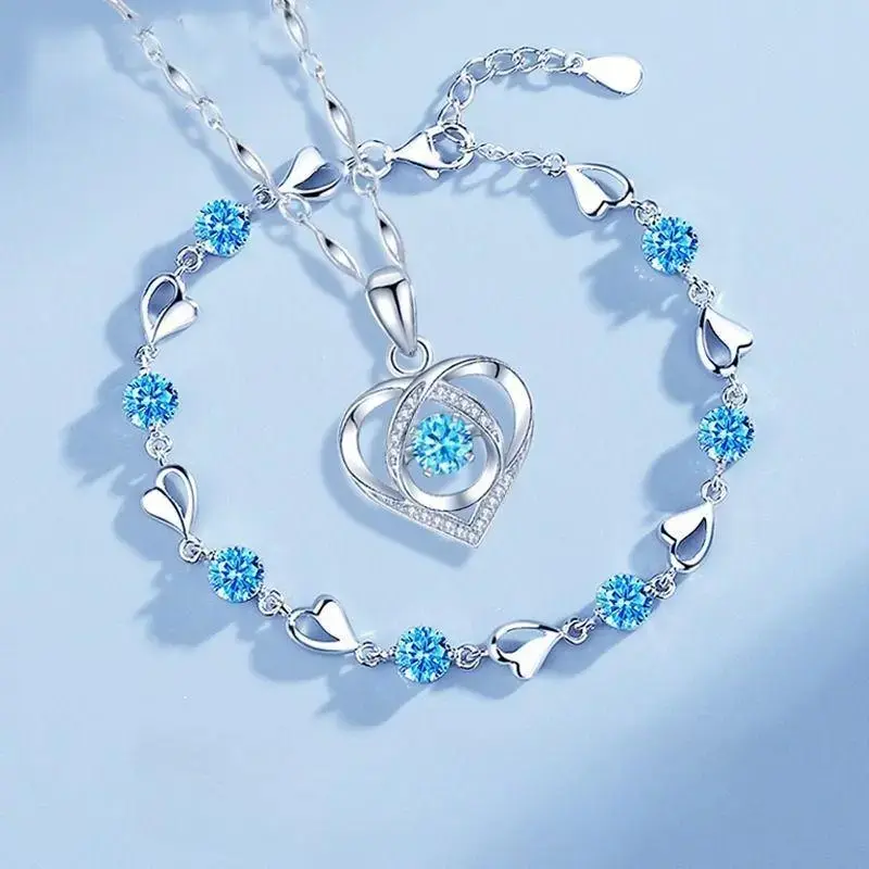 Women's 925 Sterling Silver Jewelry Set - Dainty Heart Crystal Necklace & Bracelet, Female Adult Romantic Coquette Accessories, Hypoallergenic, Non-Tarnish, Ideal for Daily Wear & Anniversary Gifting, Adults