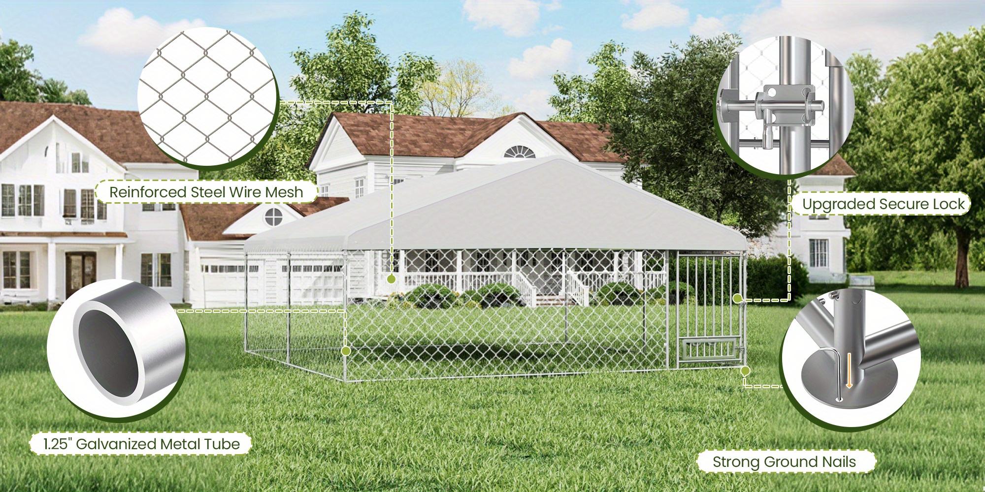 13'x13' Large Outdoor Dog Kennel, Heavy Duty Outdoor Dog Kennel with Waterproof Cover and Rotating Feeder, Galvanized Steel Metal Outside Dog Kennel with Lockable Door
