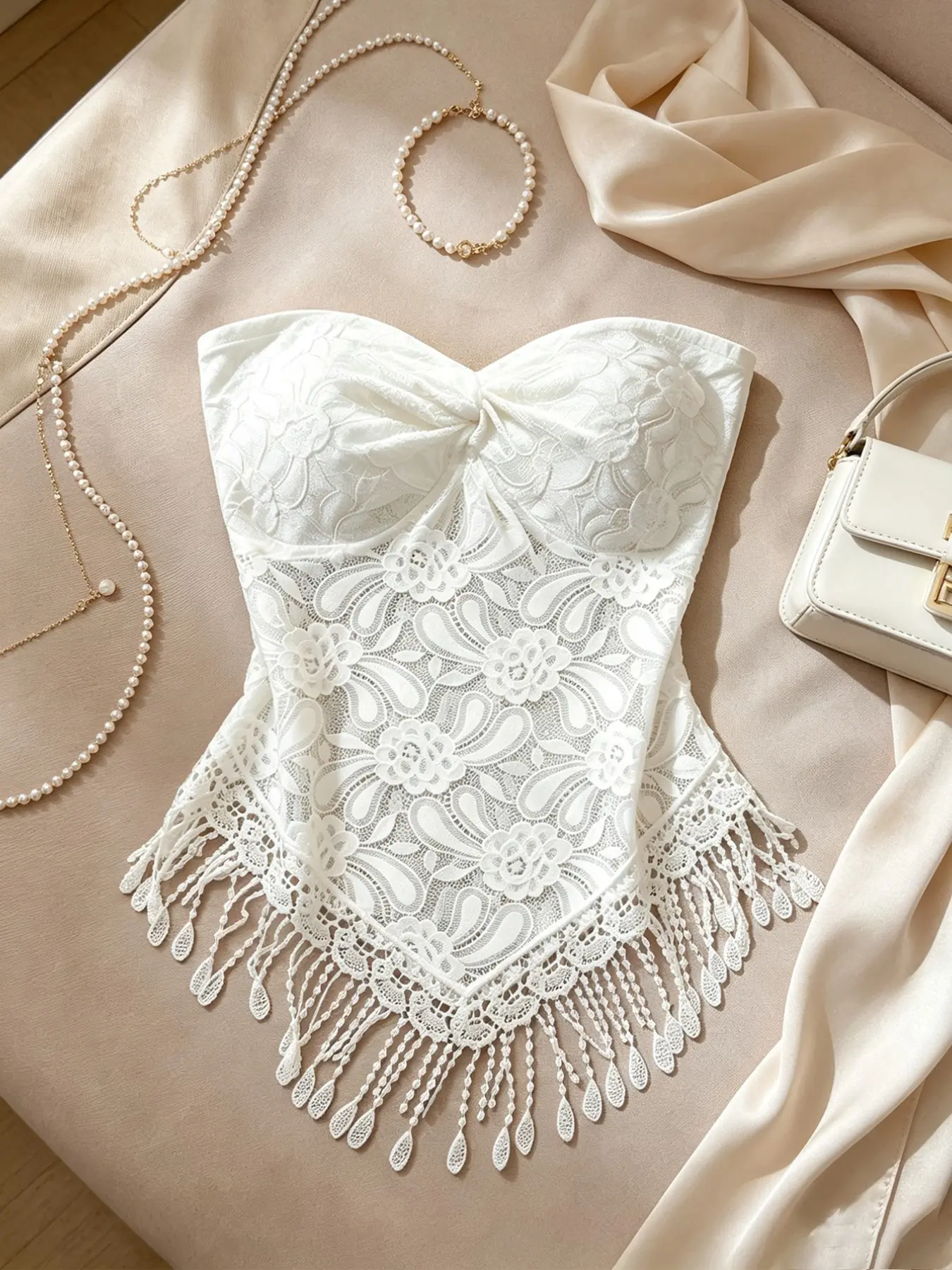Strapless Lace Tank Top for Women, Front Knot Design, Floral Cutout, Fringe Hem, Slim Fit, Sexy Style, Vacation Wear