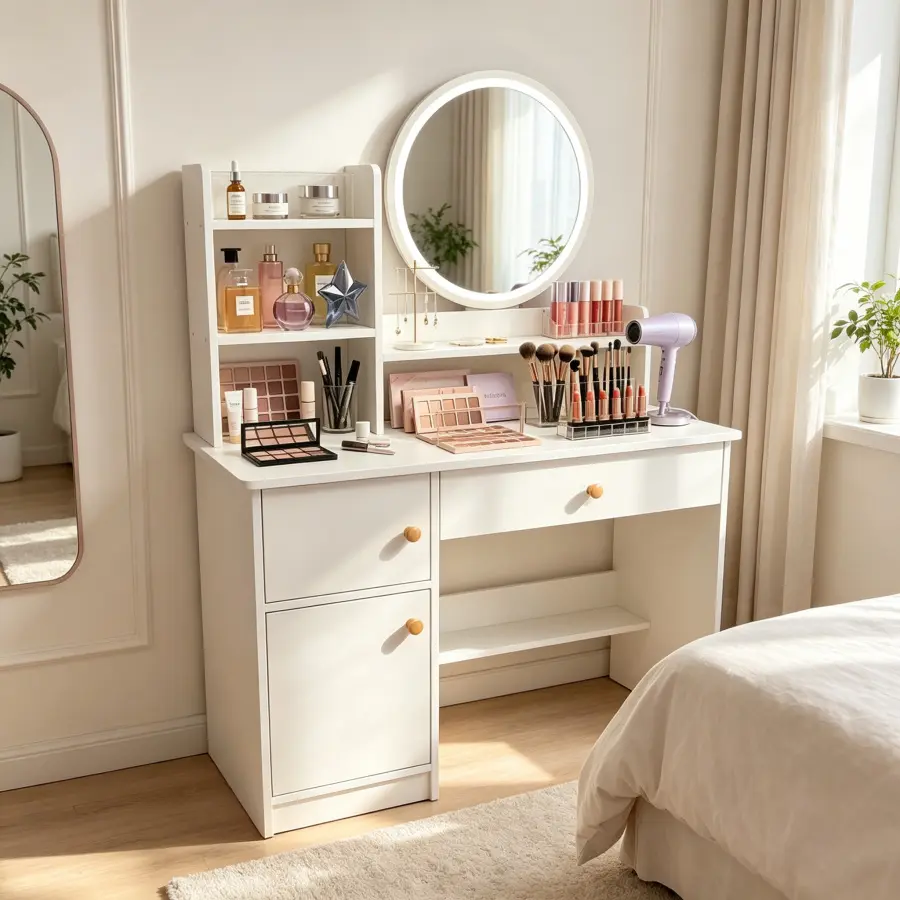 MDF Wood Makeup Vanity Dresser with 1 x Mirror, Lockable Cabinet, 3-Tier Storage Shelves, 1 x USB Power Cable, 26 Plates, 37.7lb, 80x40x128cm – Bedroom Indoor Furniture