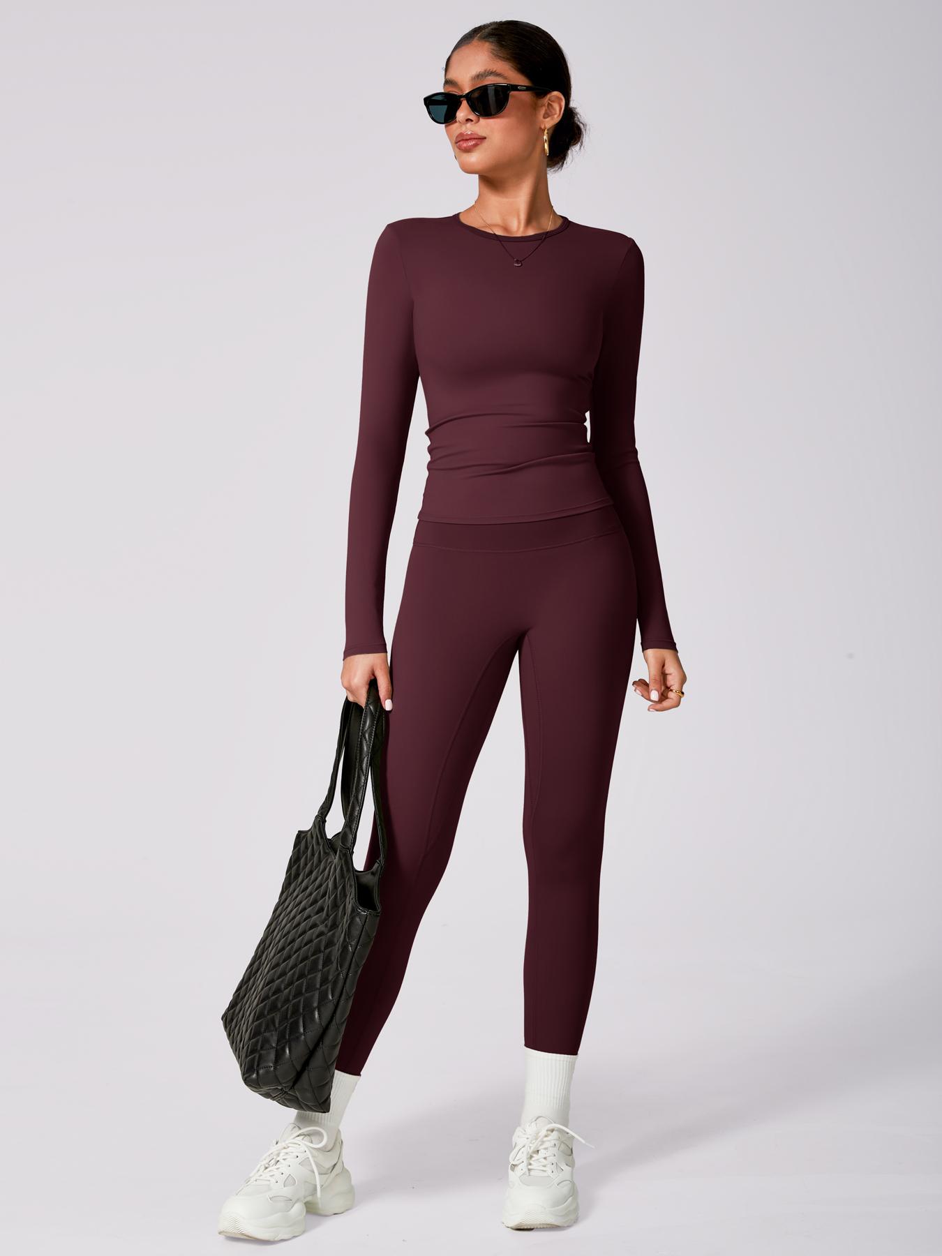 Women's Solid Long Sleeve Tee & High Waist Leggings Tracksuit Set, Sporty Round Neck Top & Skinny Pants Outfits for Gym Workout Running, Ladies Fall & Winter Sportswear, Yoga Tracksuit Set