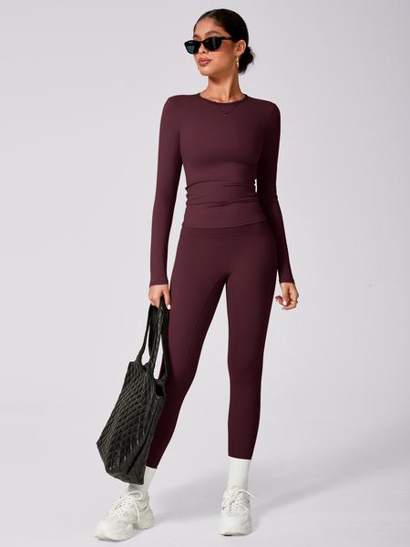 Women's Solid Long Sleeve Tee & High Waist Leggings Tracksuit Set, Sporty Round Neck Top & Skinny Pants Outfits for Gym Workout Running, Ladies Fall & Winter Sportswear, Sweatsuit Sets