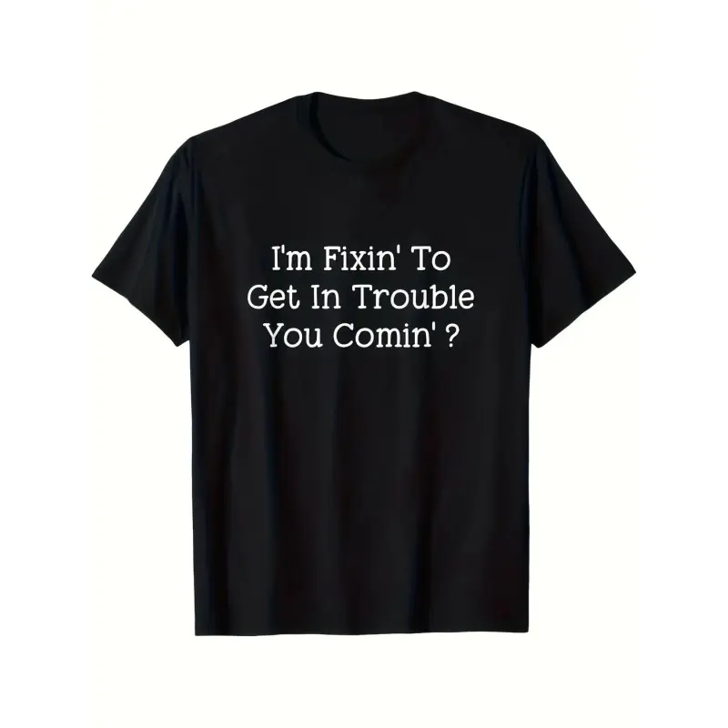 Unisex Short-Sleeve Soft Cotton Sports Top, US Sizing, Everyday Wear Round Neck Tee with "Trouble" Fade-Free Digital Print, Lightweight Fitted Humor Graphic Garment
