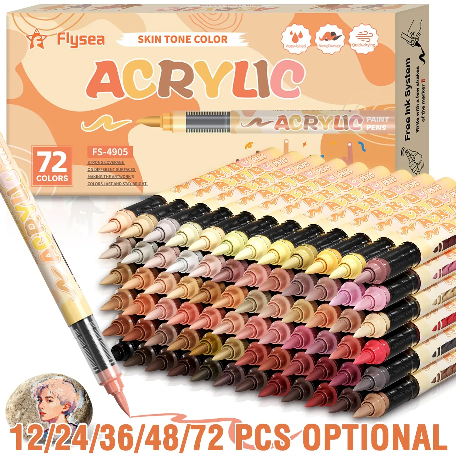 Flysea Acrylic Marker Pens, Skin Tone & Macaron Colors, Professional Art Set, Art Materials, Art Supplies, 12/24/36/48/72 Colors, Non-Transparent Watercolor Brushes