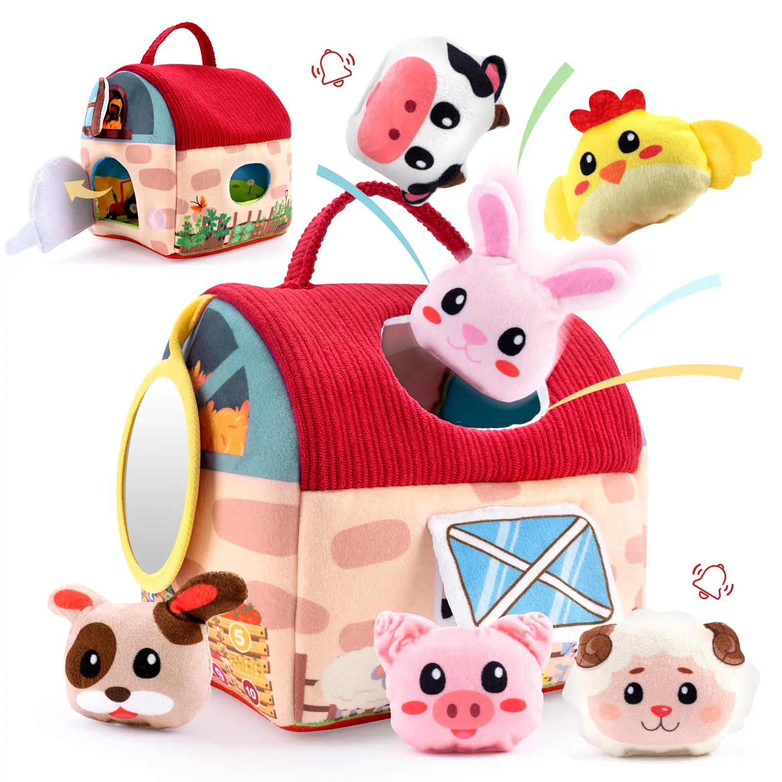 Baby Toy Set - Cute Plush Farm Animal Toys, Rattle, Crinkle Paper, Mirror, Montessori Toy for Infants 6+ Months, Sensory Ball for Hand-Eye Coordination