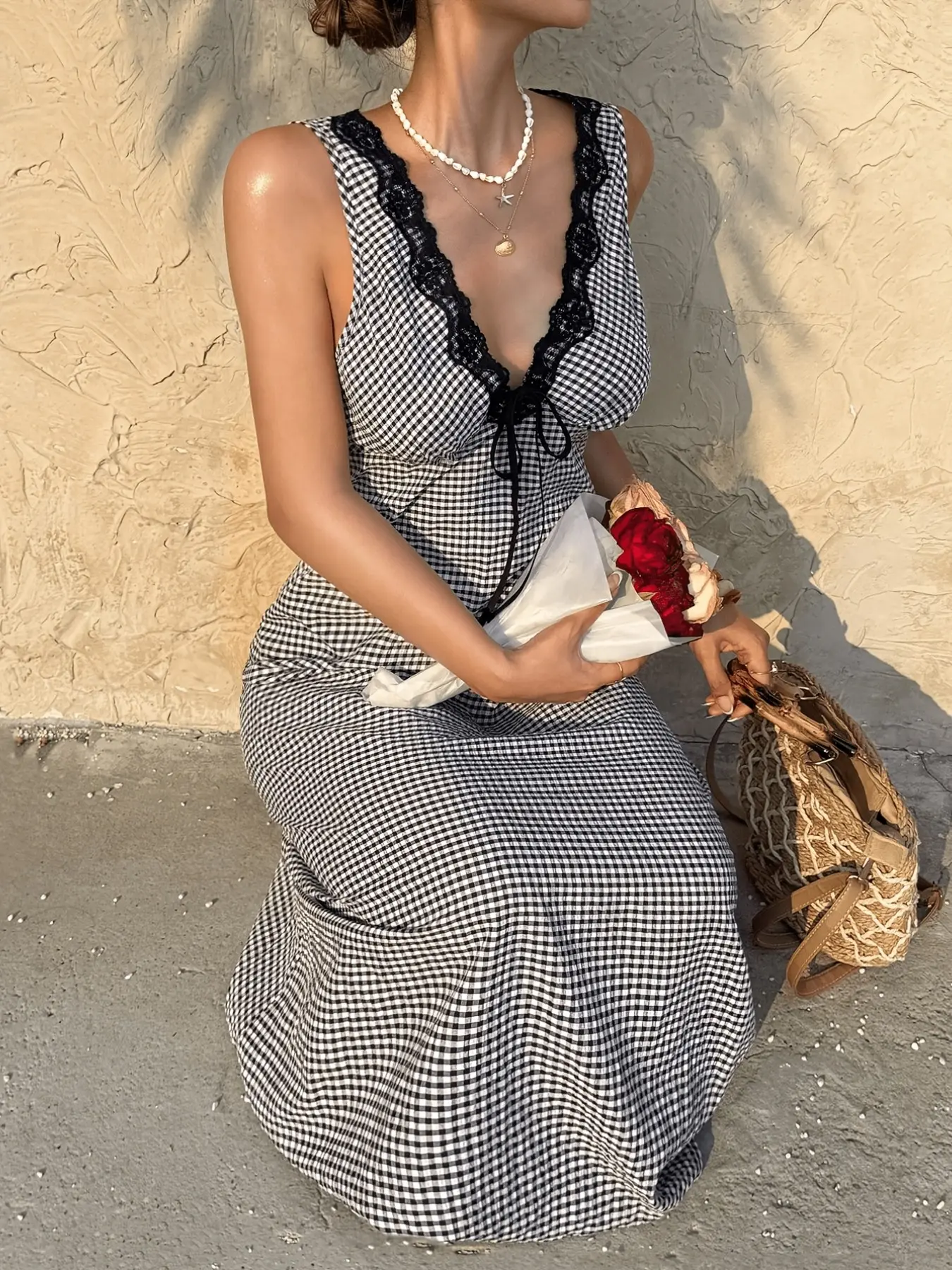 V Neck Long Dress, Classic Plaid Pattern, Lace Trim, Front Drawstring Design, Loose-Fit, Perfect for Casual Picnics