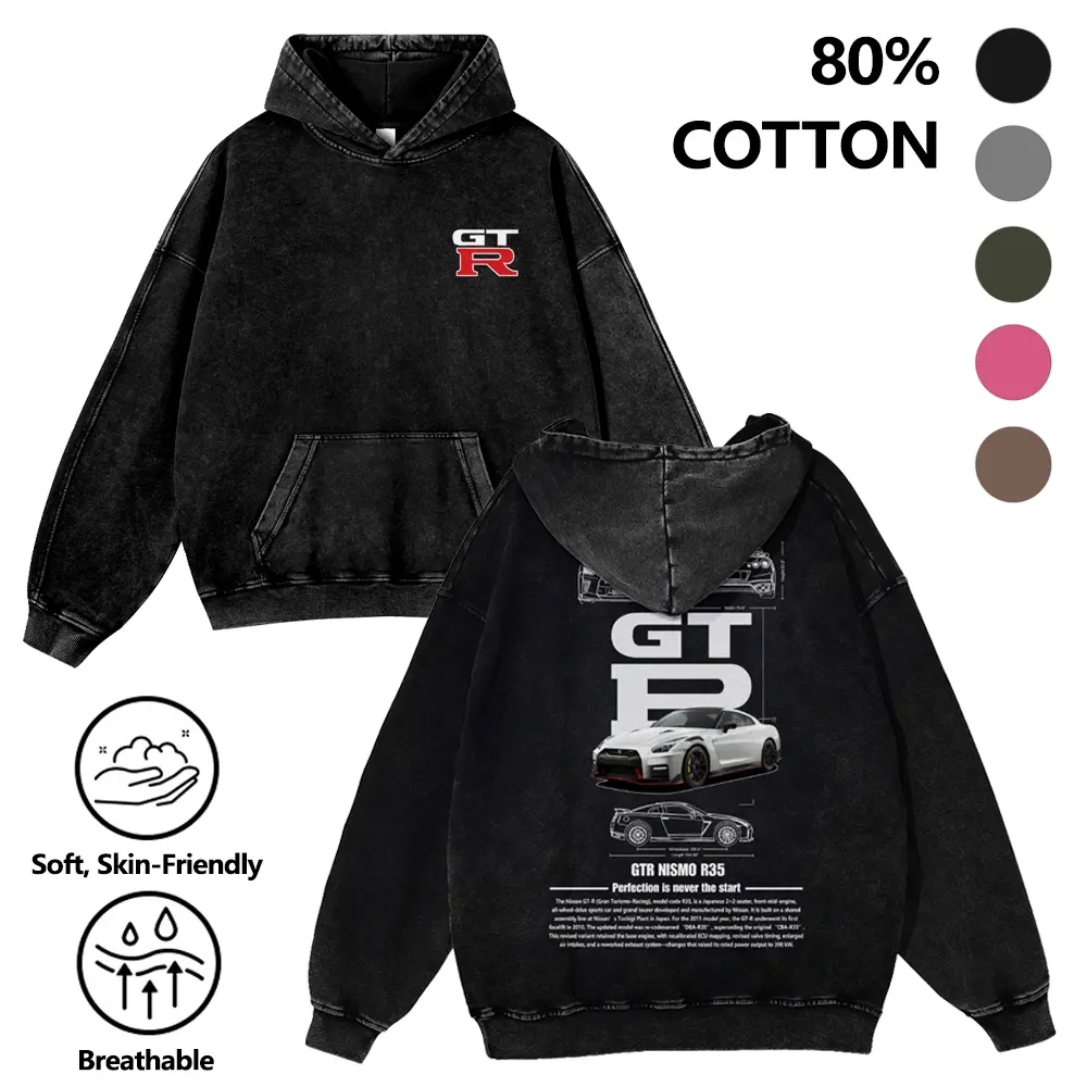 Vintage Washed R35 Graphic Hoodie | JDM Racing Culture Streetwear | Y2K Unisex 80%Cotton Washed Casual Hoodie for Men, Women & Couples Relaxed Fit Oversized Hoodie 380g Autumn VIntage Washed Hoodie Graphic Sweatshirt