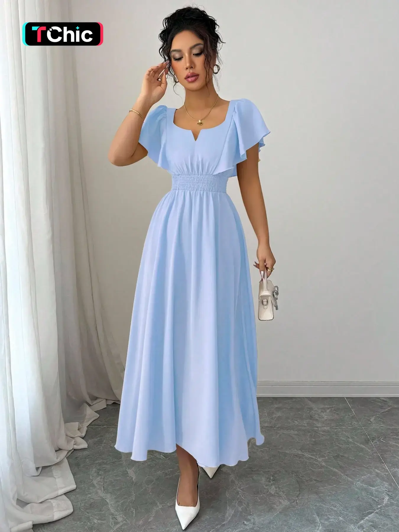 New Arrival Ruffled Cream French Style Dress, Flutter Sleeve Pleated Waist Cinch Slimming Elegant Commuter Vacation A-Line Comfortable Breezy Feel Beach Wear Dress Summer Dress