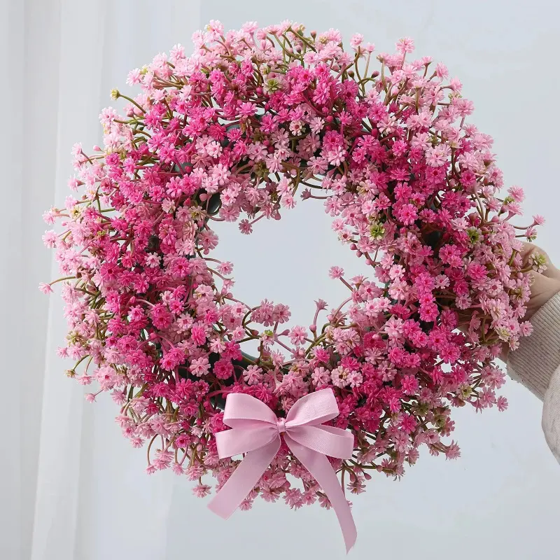 1pc Pinkish Starry Bow Wreath, Artificial Flower Arrangements Decorative Hanging Ornament, Indoor Outdoor Summer Door Decoration, Artificial Flower Decorations, Artificial Decorative Flowers