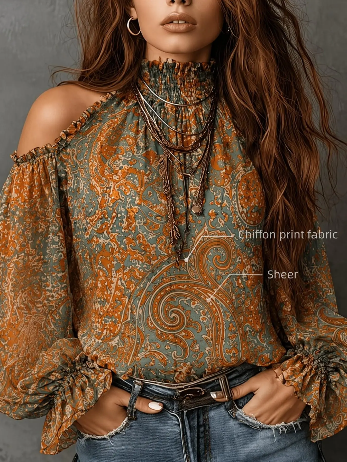 Women's Vintage Bohemian Paisley Pattern Cold-Shoulder Blouse, Elegant Retro Design Shirt, Tops, Perfect for Casual & Formal Wear, Unique Fashion Piece