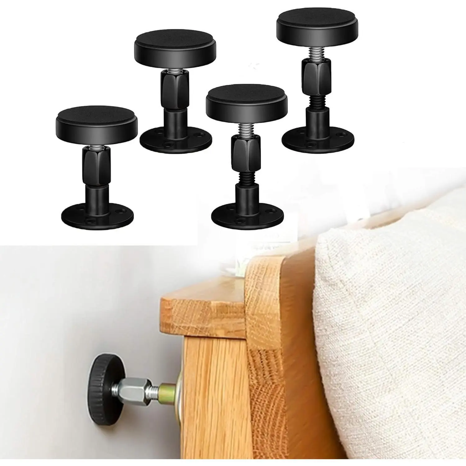 Adjustable Threaded Anti-Shake Screw-in Tool, 4-Count Headboard Stoppers for Beds/Cabinets, 30-68mm Black - Adjustable Length, Screw Into Place, Fix Loosening Furniture Unstable Centers, Easy Stability Changes