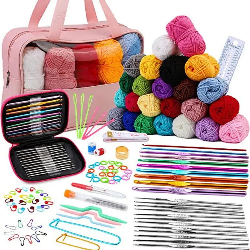 Crochet Kit for Beginners, 126pcs with 24 Colors Yarn Set, Knitting Supplies, DIY Craft Tools, Waterproof Bag with 22 Hooks, Crochet Gift Kit