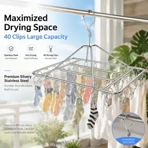 40 Clips Stainless Steel Sock Drying Rack, Windproof Hook Multi Clip Laundry Hanger for Socks, Lingerie, Underwear & Small Garments