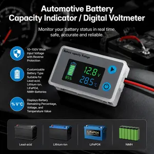 Programmable Battery Capacity Monitor 10-100V LCD Display Voltage Temperature Gauge Percentage Indicator for 12V 24V 36V 48V Lithium LiFePO4 Batteries Health Check Real-Time Power Level Tester