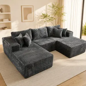 106" Plush Corduroy Cloud Velvet Modular Boneless Couch with Chaise & Ottoman, No Assembly Required - L/U-Shaped Sectional Sofa Set with Flexible Configuration - 107"W x 69.5"D x 30"H, 3 Seater