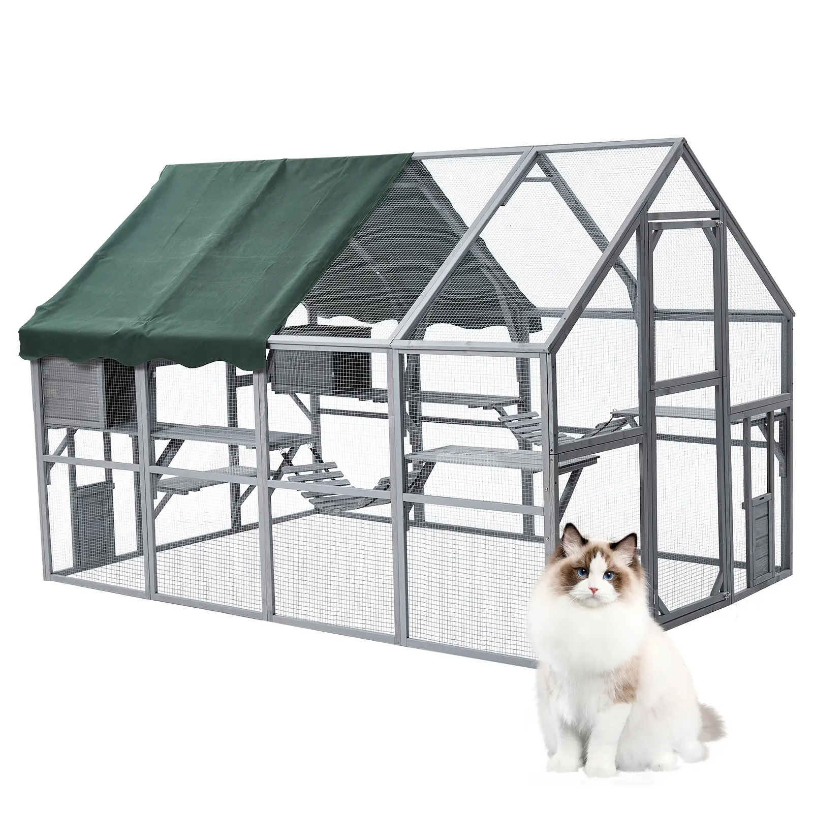 110'' Extra Large Catio Enclosure, Outdoor Wooden Pet Habitat with Waterproof Removable Roof, 2 Lockable Cat Doors, Walk-In Access Door, 7 Platforms, 2 Rest Boxes & 2 Bridges for Cats, Rabbits and Poultry Yard Use