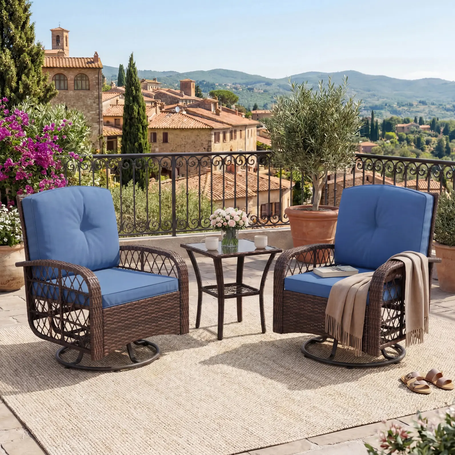 3pc 360° Swivel Rocker Patio Set, Wicker Conversation Chairs with Washable Cushions & Glass Table for Porch & Balcony