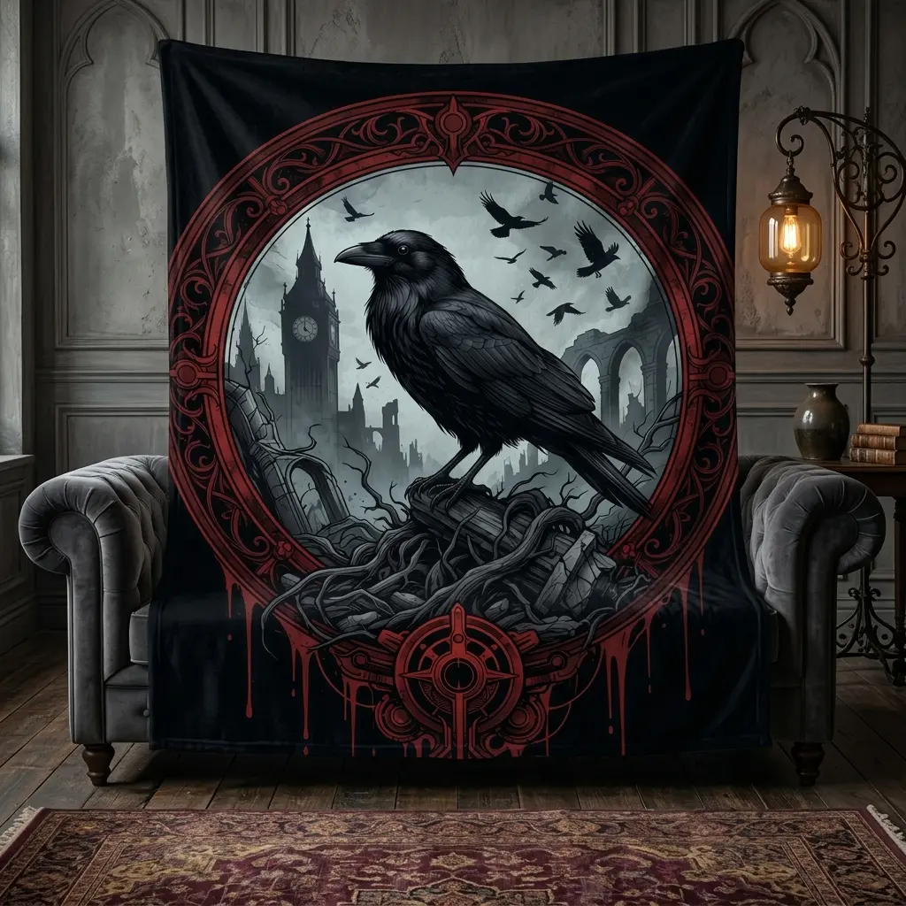 Vintage Gothic Raven Throw Blanket, Dark Halloween Blanket With Red Ornate Frame, Big Ben Clock Tower Ruin Cemetery Crow Prints, Soft Plush Warm Throw for Sofa, Bedroom, Daily Naps, Dark Academia Home Decor & Gothic Holiday Gifts 0713（15）
