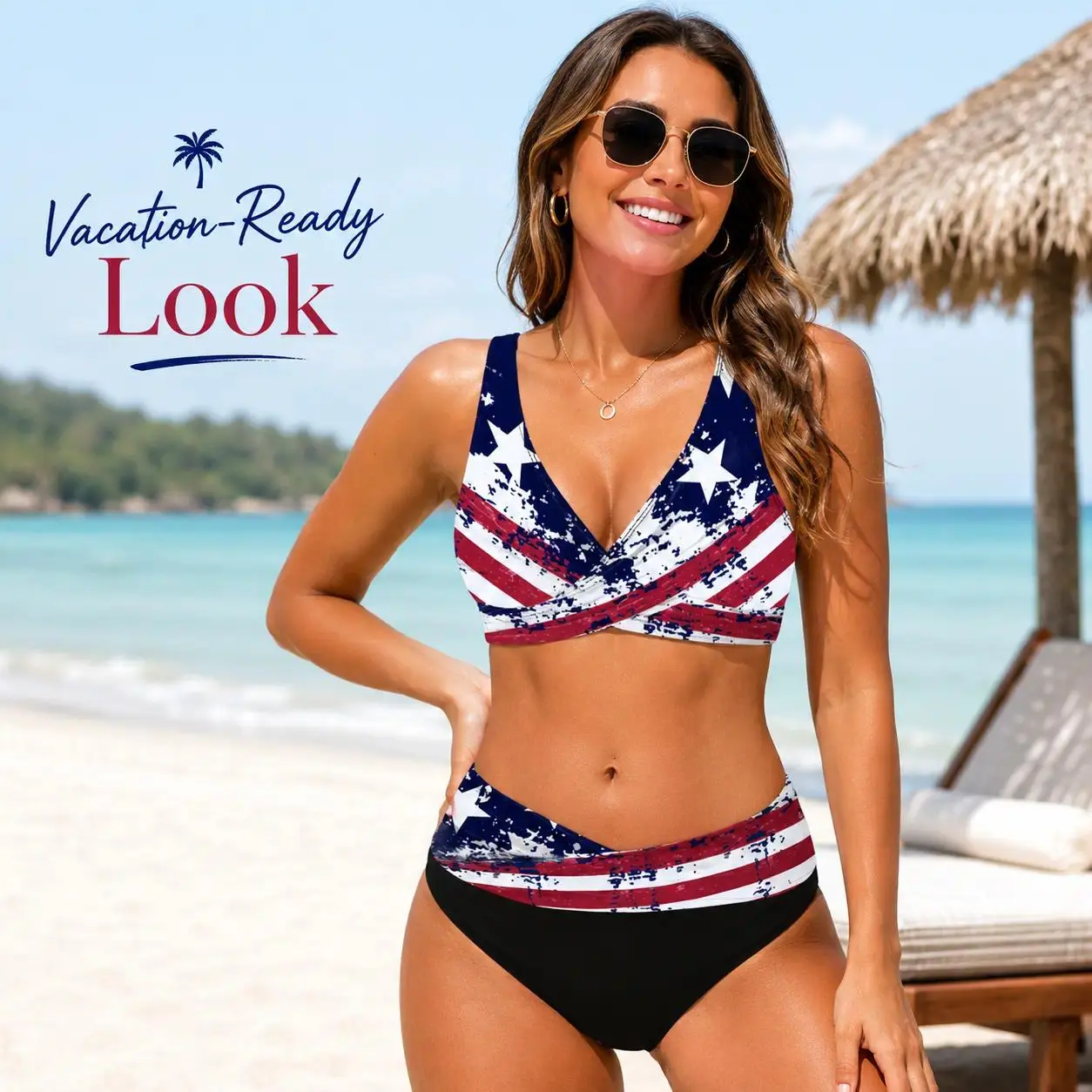 Women's Star & Flag Print Lace Up Wrap Bikini Set, Deep V Neck High Waisted Two Piece Swimwear, Lightweight Stretch Bathing Suits for Summer Beach, Pool Party and Holiday Vacation
