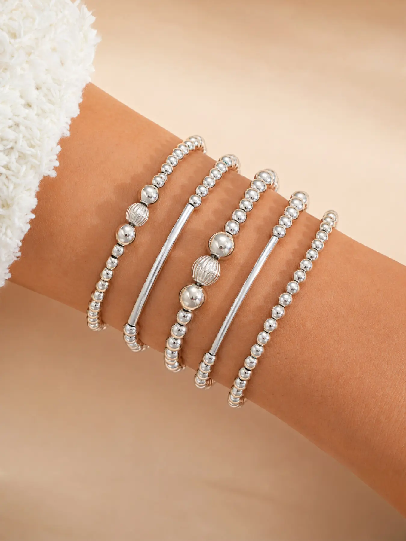 5-Piece Silver Beaded Layered Bracelet Set Adjustable Beaded Design Stretch Stackable Minimal Elegant Jewelry 10g Lightweight Gift for Women