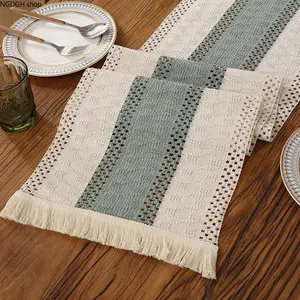 Farmhouse Table Runner - Lace Edge Woven Table Runner with Fringe, Beige Neutral Color Cotton Table Decor, Perfect for Rustic Kitchen Dining Room & Special Occasions
