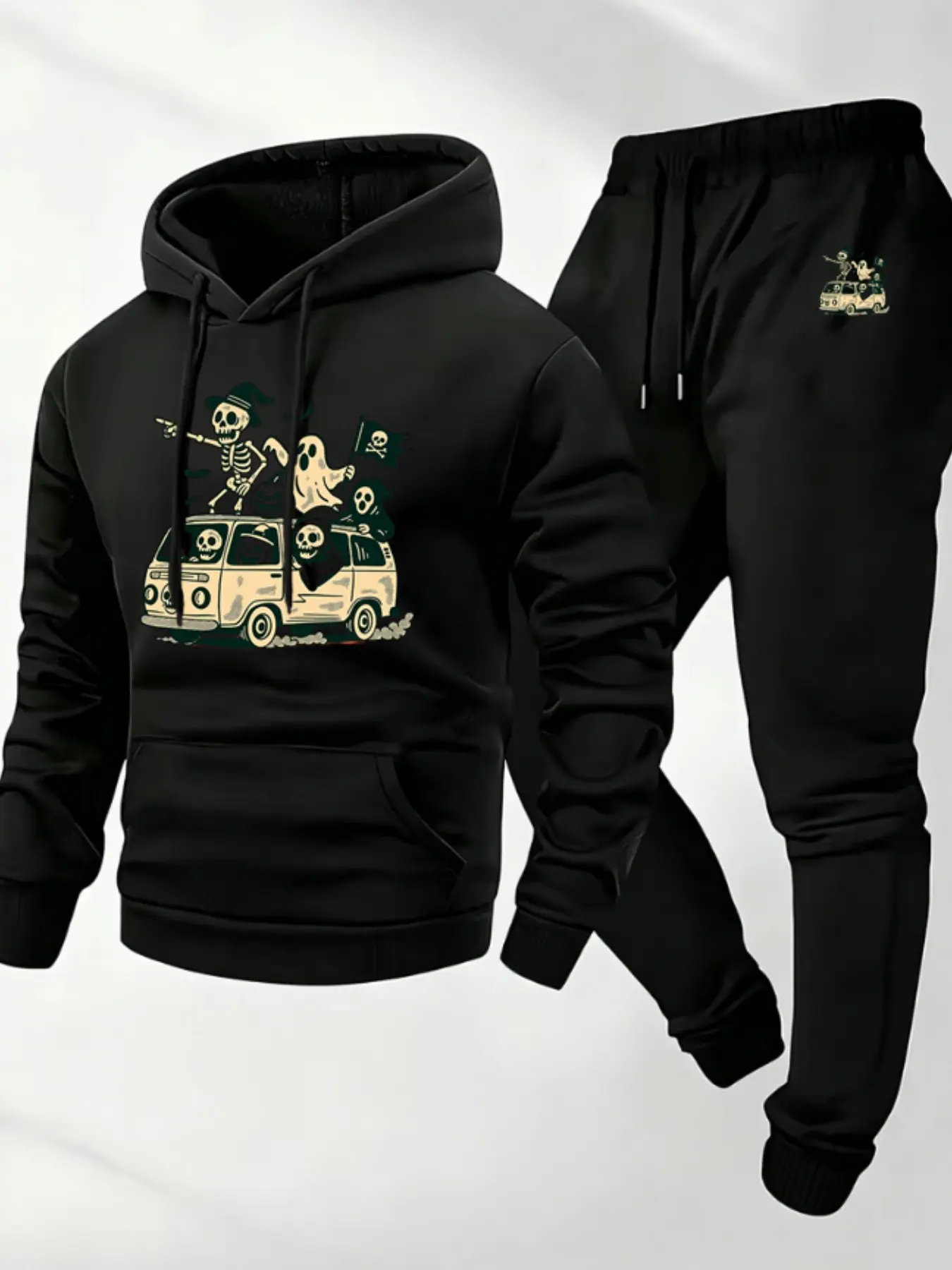 American Vintage Skull Bat Print Men's Sweatshirt Set, Fall & Winter Loose Casual Sweatpants Two-Piece Set, Long Sleeve Slim-Fit